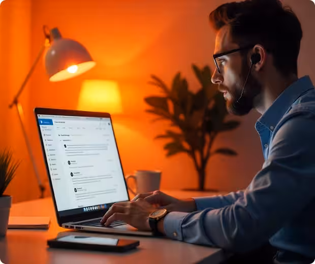 Person managing email support tickets on laptop